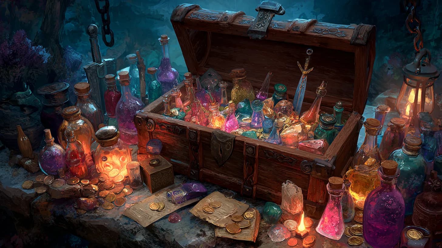 Generate random treasure and loot for D&D, Call of Cthulhu, Warhammer, and Cyberpunk. Filter by rarity from Common to Legendary.